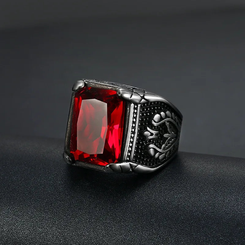 Men's Silver Signet Ring with Semi-Precious Stones - Stainless Steel Jewelry