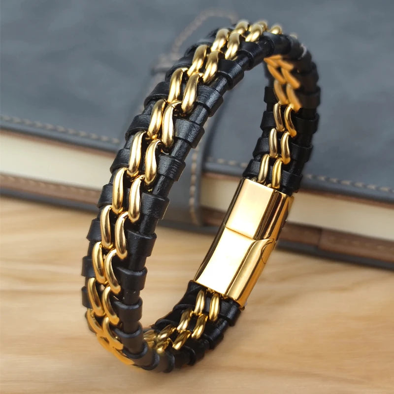 Leather Chain Bracelet for Men with Magnetic Steel Clasp - Gold Plated Jewelry