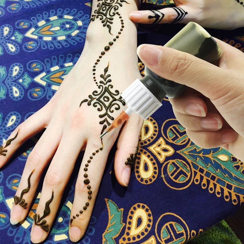 Professional Henna Bottle Set for Tattoo Stencil & Body Paint - Nozzles Included