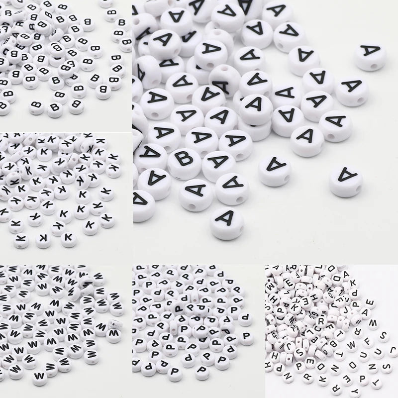 White Acrylic Beads Flat Round Letters for Jewelry Making - Loose Spacer Beads