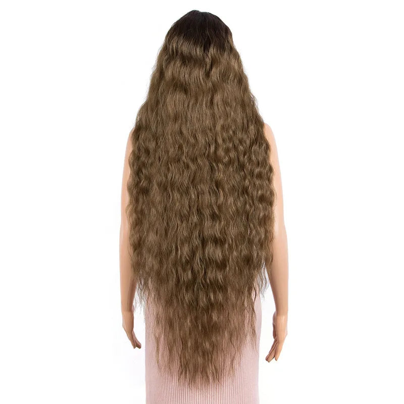 Long Curly Water Wave Wig for Women - Ombré Brown, 42 Inch Heat-Resistant Synthetic Hair, Lace Front Cosplay Wig