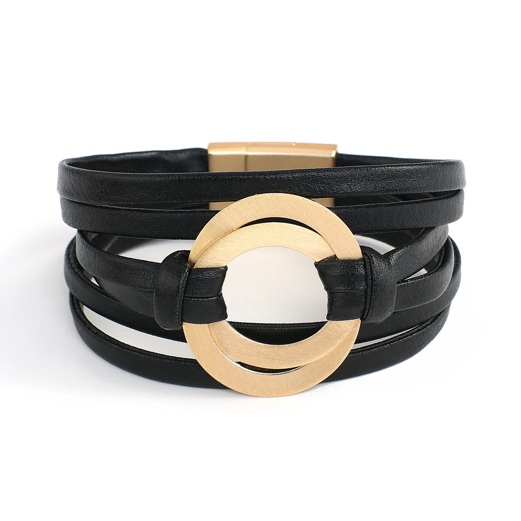 Boho Genuine Leather Wrap Bracelet for Women & Men with Hollow Circle Charm