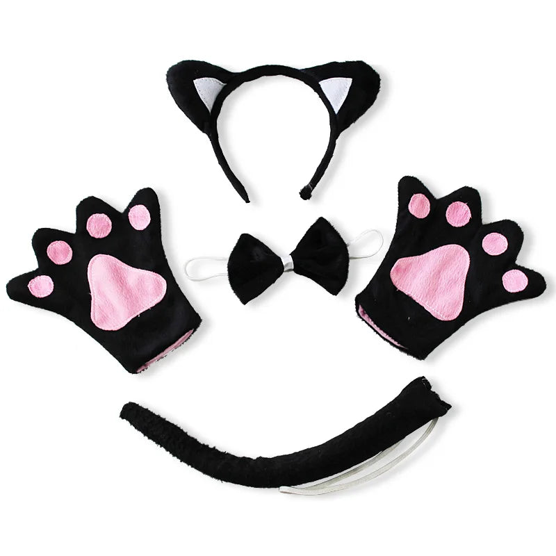 Cat Ear Cosplay Headband Tutu Skirt Tail Gloves Set for Halloween Carnival Birthday