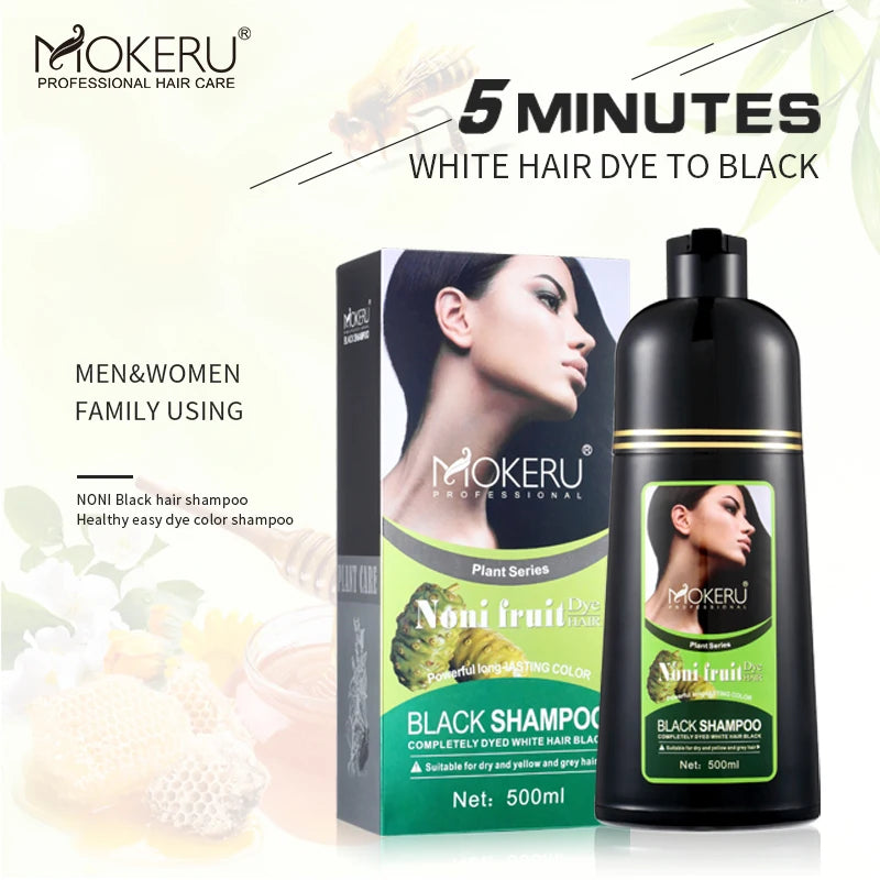Fast Black Hair Dye Shampoo - Natural Noni Plant Essence, Covers Gray in 5 Minutes