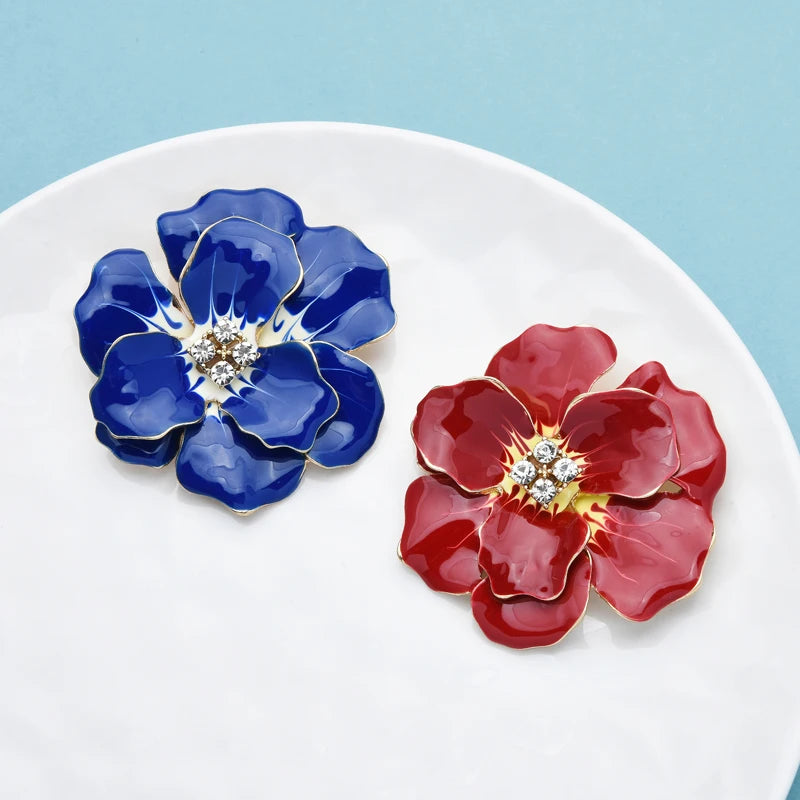 Big Blue Enamel Flower Brooch Pin Jewelry Gift Rose Badge - Gold Color