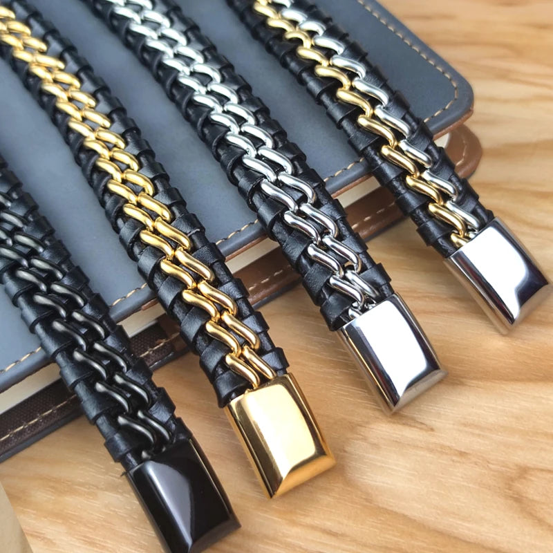 Leather Chain Bracelet for Men with Magnetic Steel Clasp - Gold Plated Jewelry