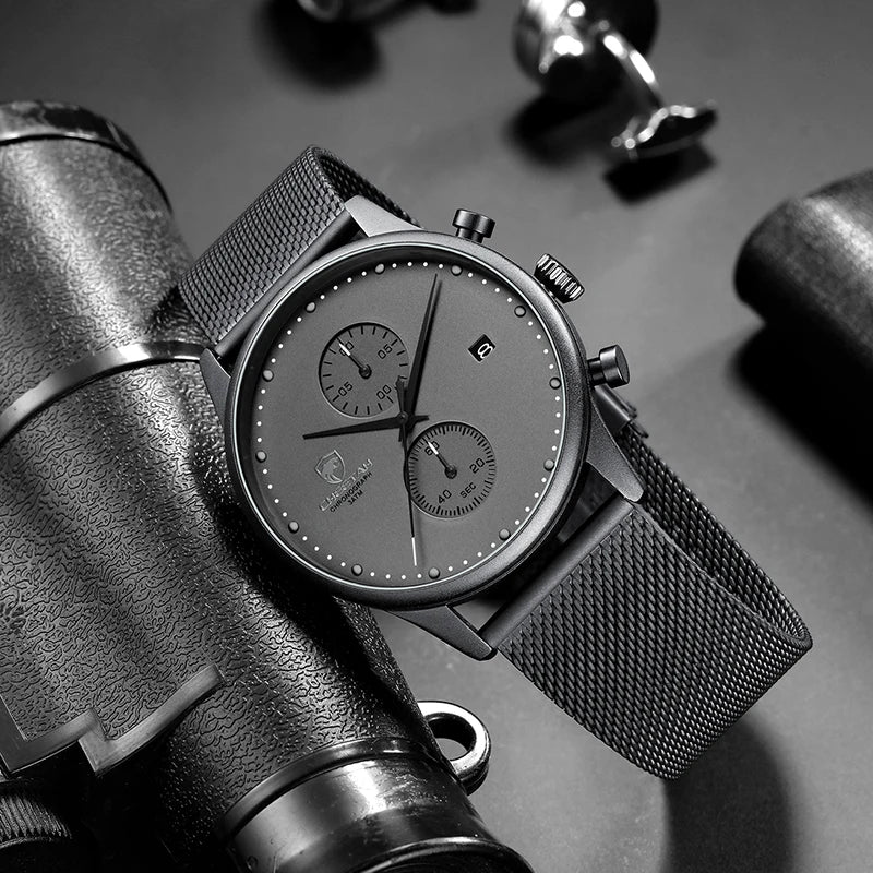 Men's Waterproof Chronograph Quartz Watch - Stainless Steel Sport Watch