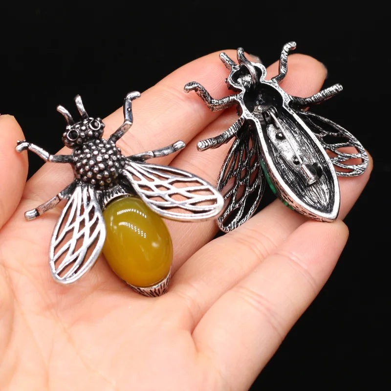 Women Bee-Shaped Brooch Pendant Natural Stone Jewelry Making Accessory