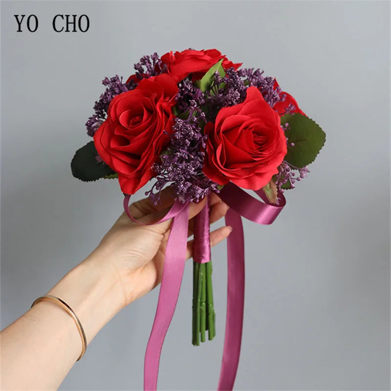 Artificial Silk Flower Bouquet with Roses and Babysbreath for Wedding and Home Decor