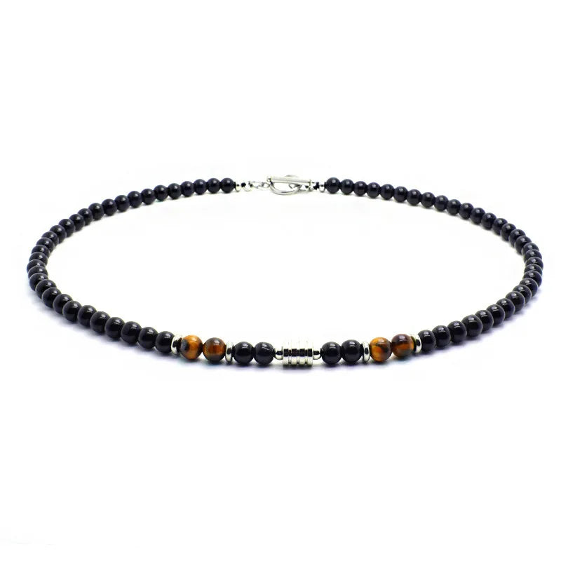 Mens Stone Necklace Hip Hop Punk Stainless Steel Natural Tiger Eye Beads Jewelry