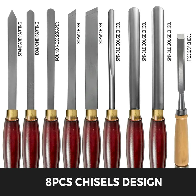 Wood Lathe Chisel Set 8 Pieces with Storage Case - High Speed Steel Blades, 16.14" Length, Wooden Handles, Optional Colors