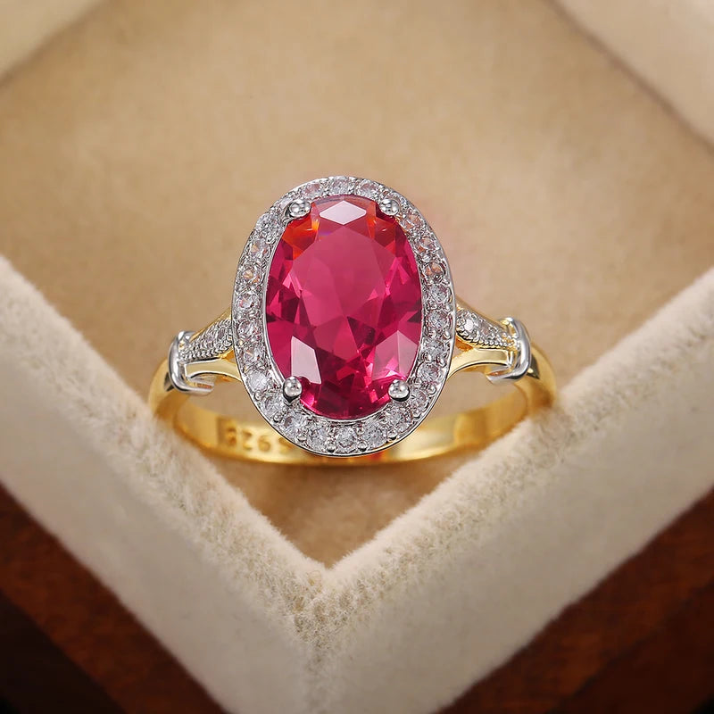 Oval Rose Red Cubic Zirconia Women’s Statement Ring - Luxury Jewelry Gift