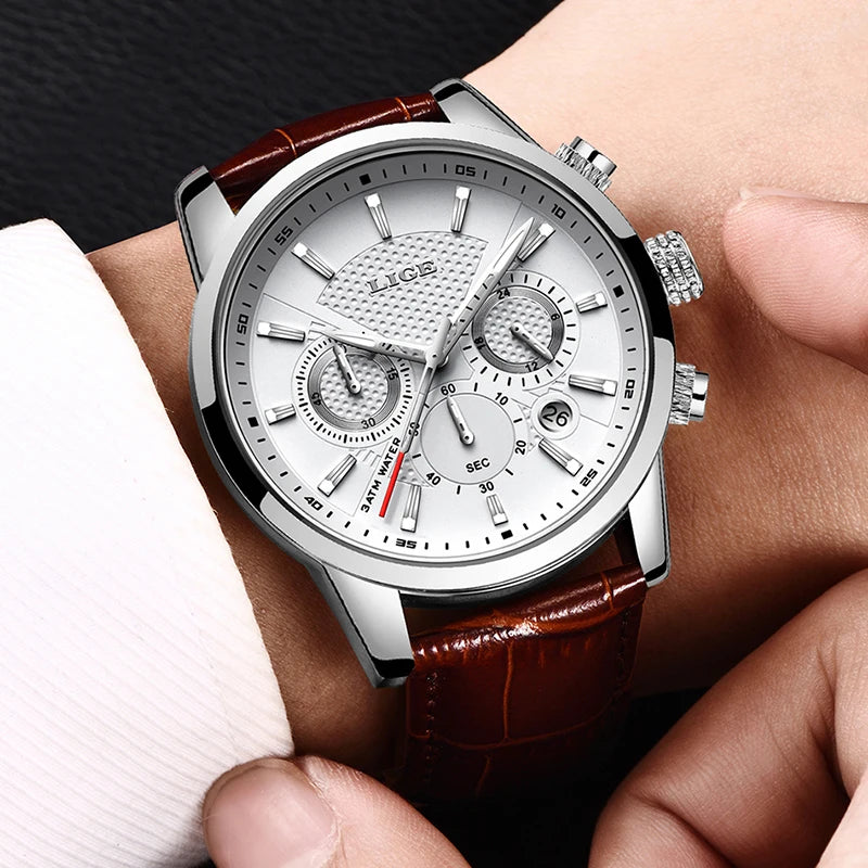 Men's Sports Quartz Watch with Leather Strap Waterproof Date