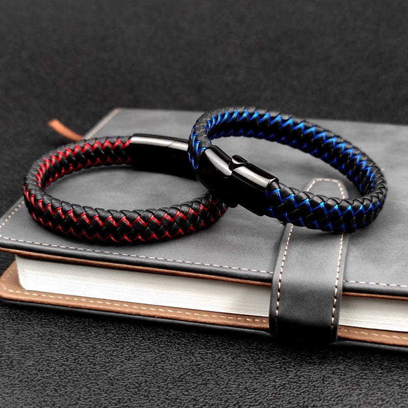 Men's Leather Braided Bracelet with Stainless Steel Charm and Lock