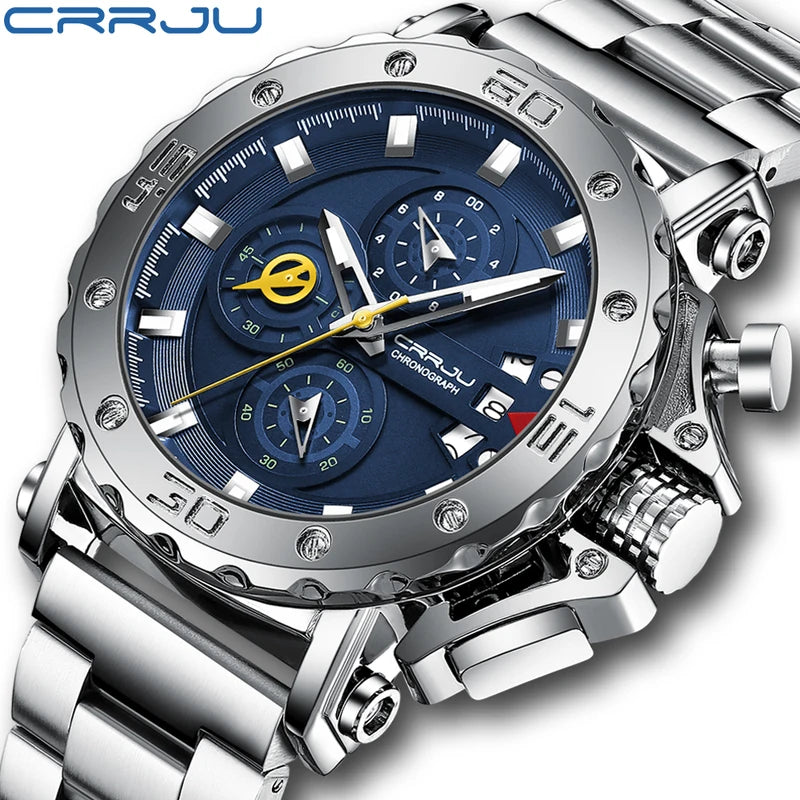 Men's Luxury Stainless Steel Waterproof Chronograph Watch with Big Dial and Date