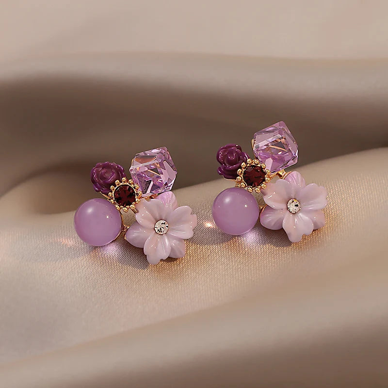 Purple Crystal Flower Stud Earrings for Women Jewelry Set Bridal Party Gift