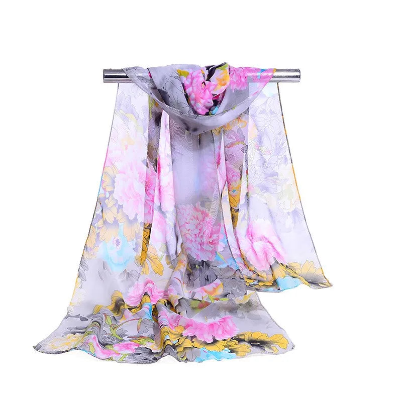 Fashion Print Chiffon Scarf with Floral and Striped Designs - Multiple Colors