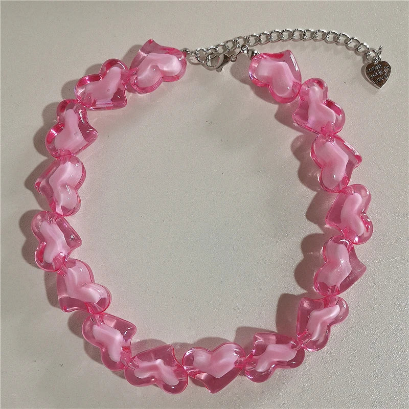 Kpop Y2K Goth Harajuku Acrylic Heart Beaded Choker Necklace for Women Girls