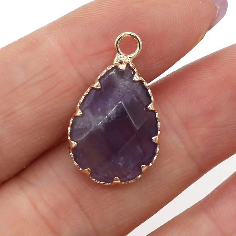 Natural Stone Amethyst Pendant Water Drop Shape Jewelry Charm 14x23mm