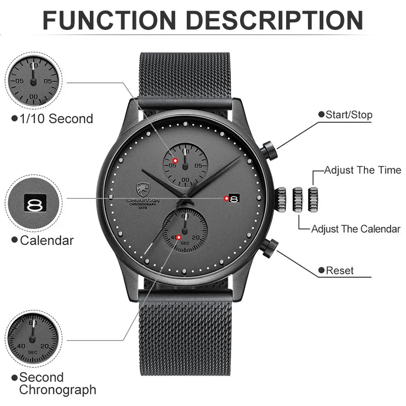 Men's Waterproof Chronograph Quartz Watch - Stainless Steel Sport Watch