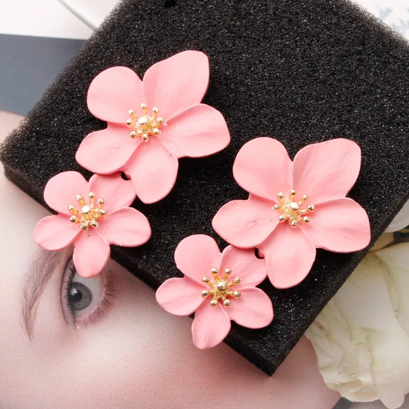 Double Flower Drop Earrings for Women Summer Beach Party Boho Jewelry - Gold, Red, Vermeil