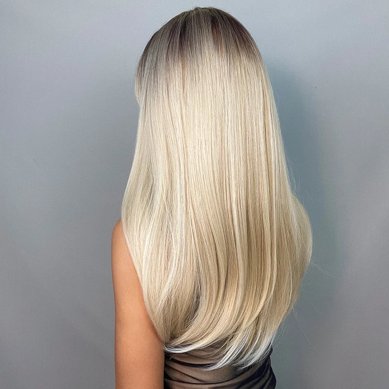 Ombre Brown Blonde Long Straight Synthetic Wig with Bangs for Women - High Temperature Fiber Cosplay Hair