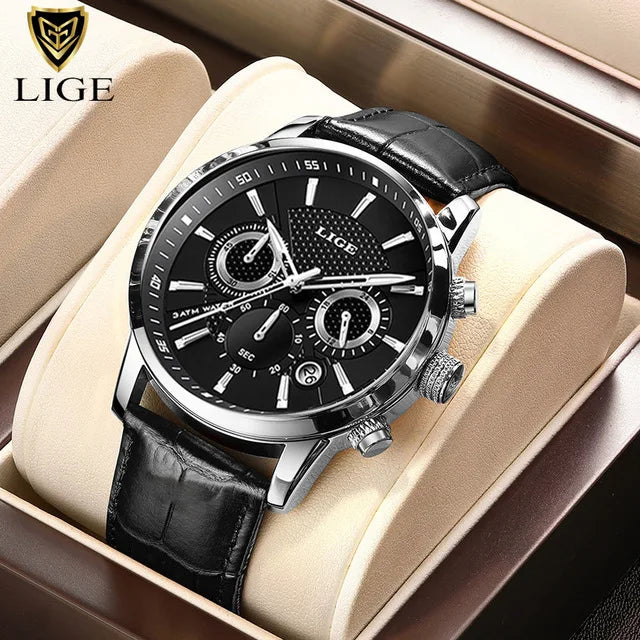 Men's Sports Quartz Watch with Leather Strap Waterproof Date