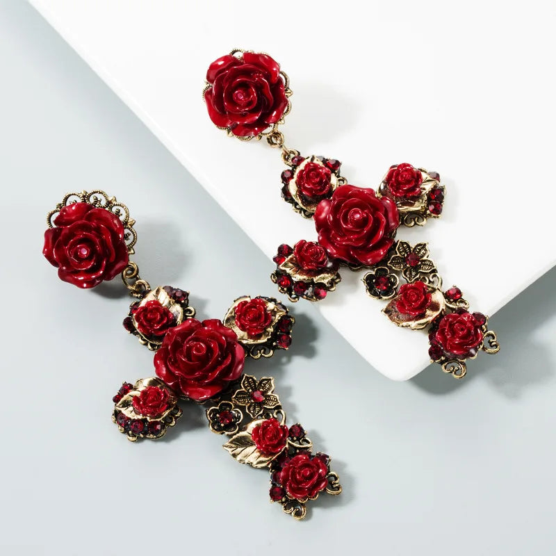 Vintage Gold Cross Earrings for Women Girls Enamel Rose Flower Statement Jewelry