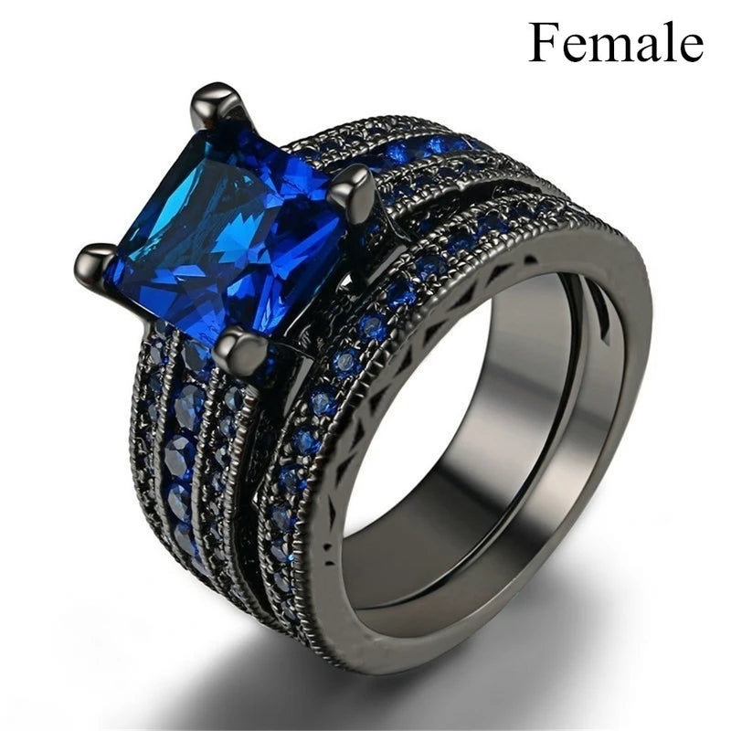 Couple Rings Set Men Women Stainless Steel Wedding Band with Blue Zircon