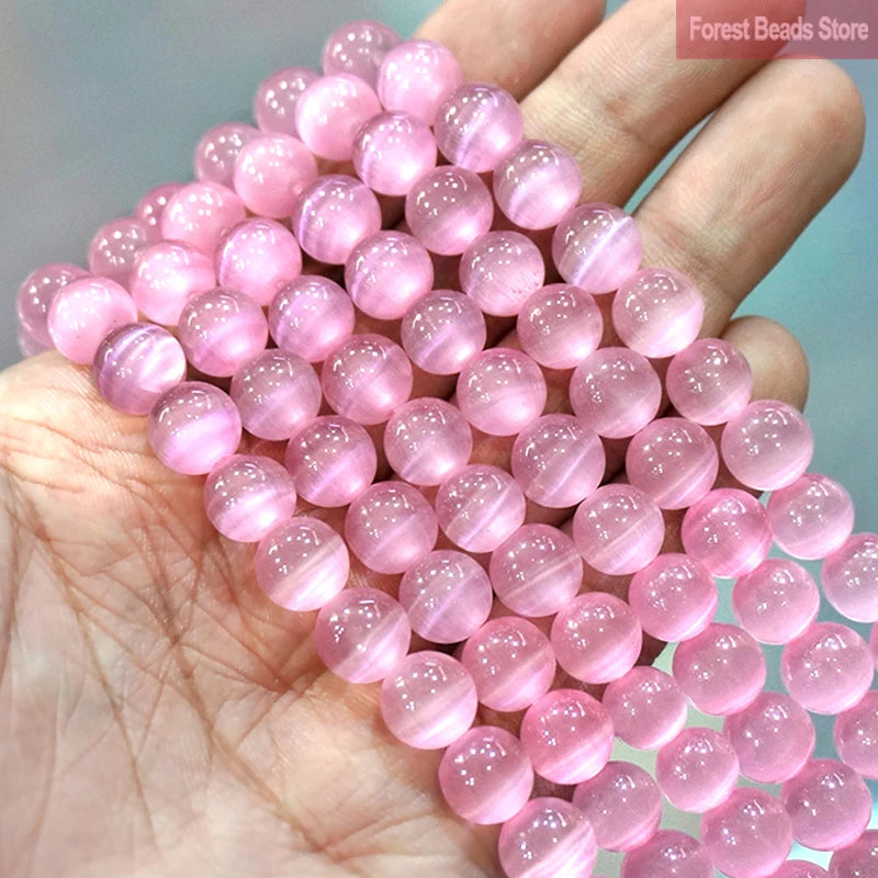 Pink Cat Eye Beads 6mm-10mm Smooth Opal Round Loose Beads for Jewelry Making - 15 Inch Strand