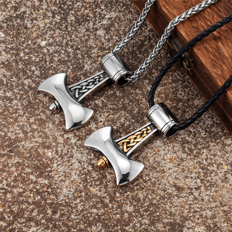 Vikings Axe Pendant Necklace Men Stainless Steel Norse Rune Amulet Jewelry