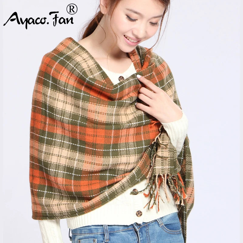 Women Cashmere Scarf Wool Plaid Wrap Long Shawl Warm Winter Accessory