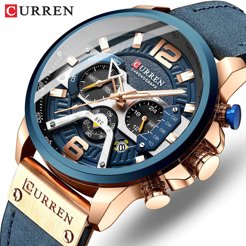 Men's Sports Chronograph Watch Leather Strap Military Style Casual Watch