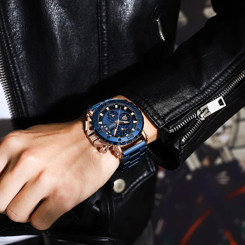 Men's Luxury Stainless Steel Waterproof Chronograph Watch with Big Dial and Date