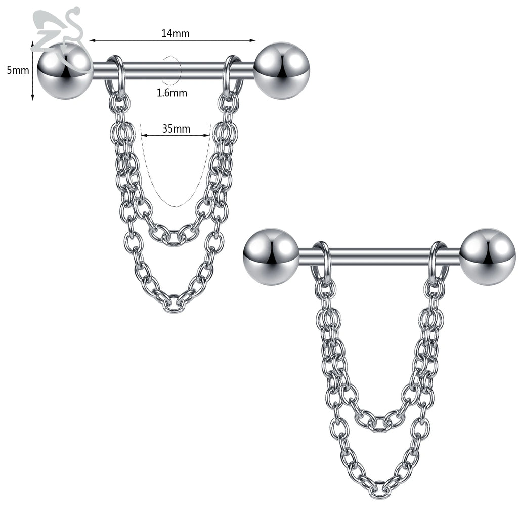 2PCS Stainless Steel Nipple Piercing Bar with Crystal Heart & Ring for Women