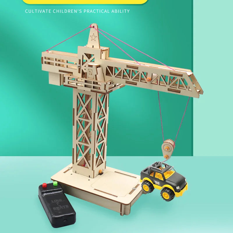 Wooden DIY Remote Control Tower Crane Model Toy for Children - Educational Building Kit