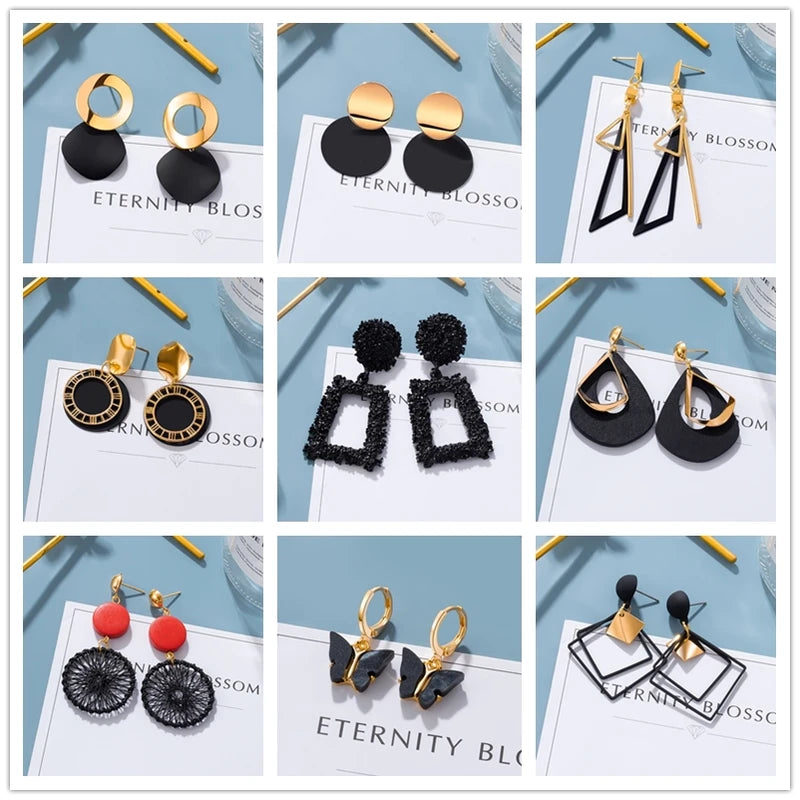 Black Flower Drop Earrings for Women - Geometric Heart Butterfly Jewelry