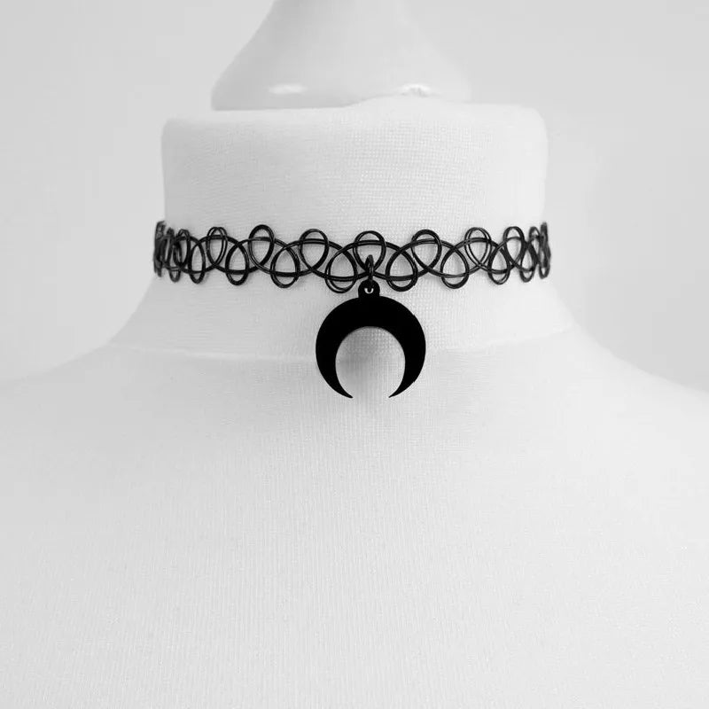 Gothic Crescent Moon Choker Necklace - Black Velvet Statement Jewelry for Women