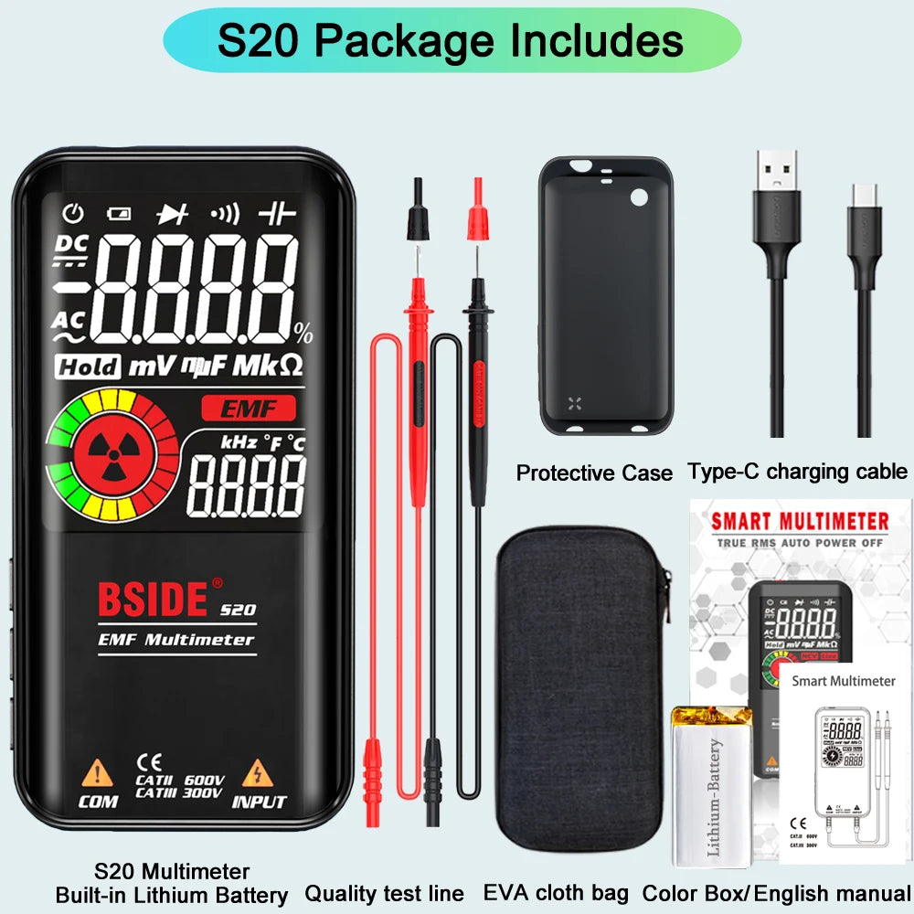 Digital Multimeter with USB Charging, EMF Detection, 9999 Counts, Wide Range of Testing Functions