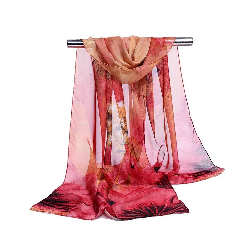Fashion Print Silk Chiffon Scarf with Floral and Striped Designs - Multiple Colors