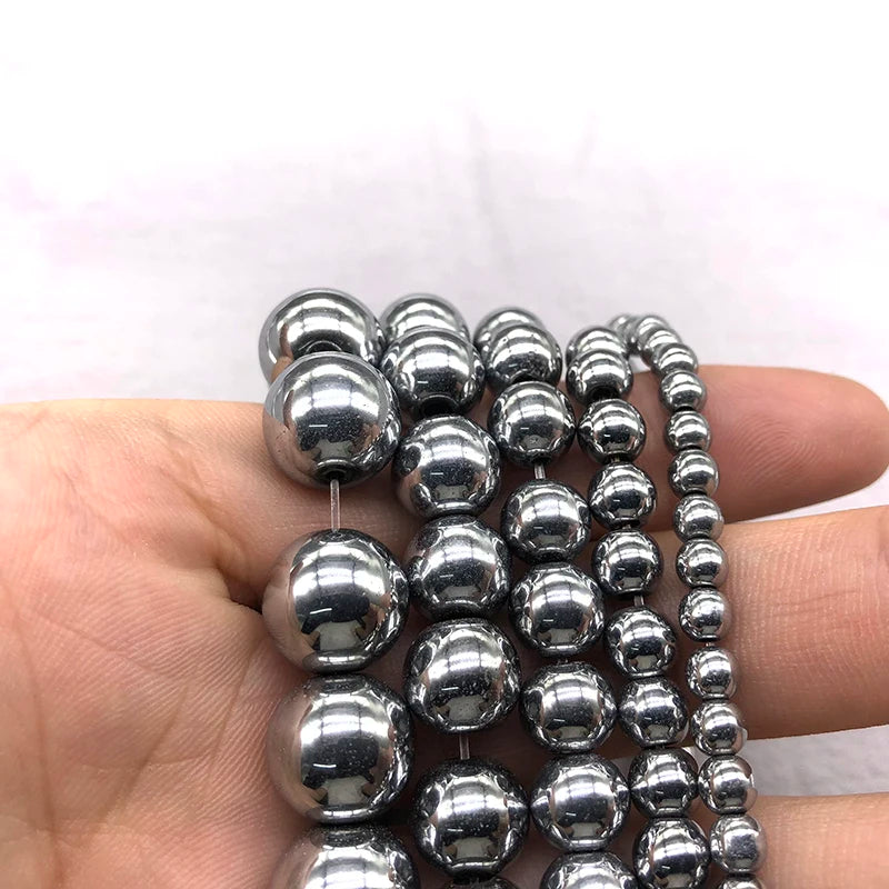 Natural Silver Plated Hematite Beads Round Loose Jewelry Making Stones 2-12mm