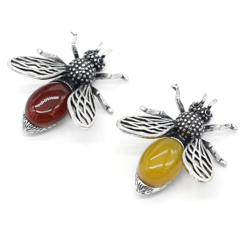 Women Bee-Shaped Brooch Pendant Natural Stone Jewelry Making Accessory