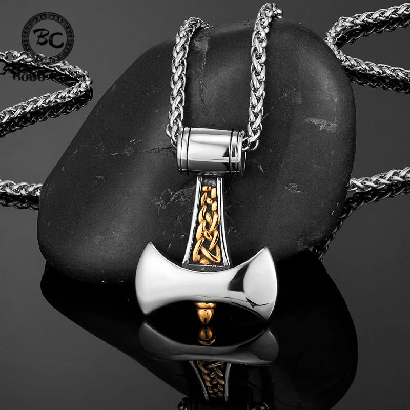 Vikings Axe Pendant Necklace Men Stainless Steel Norse Rune Amulet Jewelry