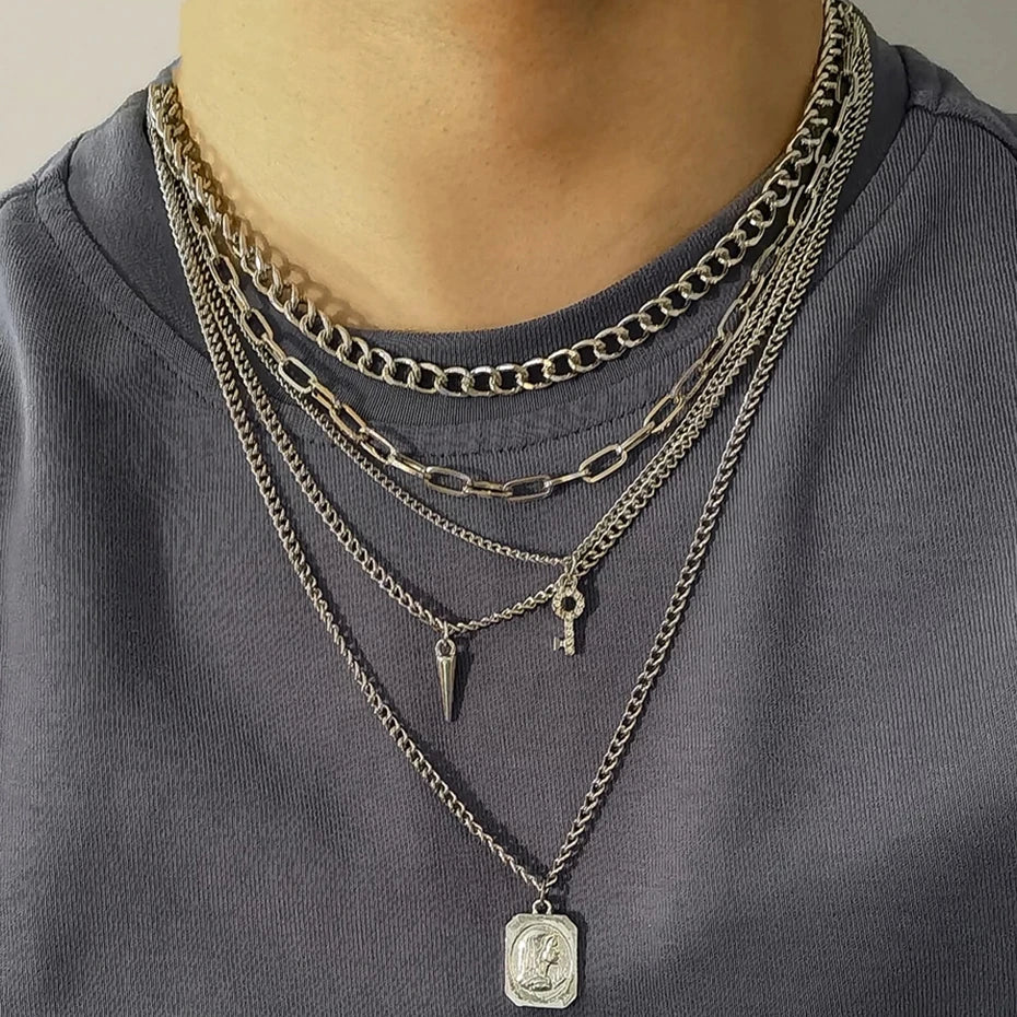Goth Punk Multilayer Chain Necklace Set with Spike Rivets and Pendant for Women Men Statement Jewelry