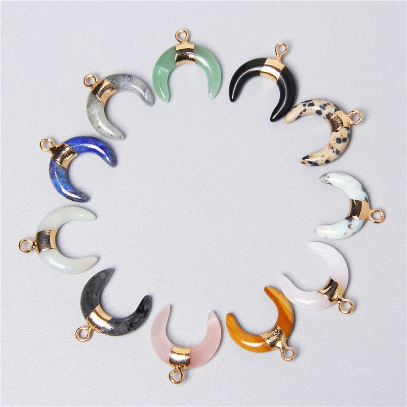 Natural Moon Horn Shaped Semi-Precious Stone Pendants for Jewelry Making - 3pcs