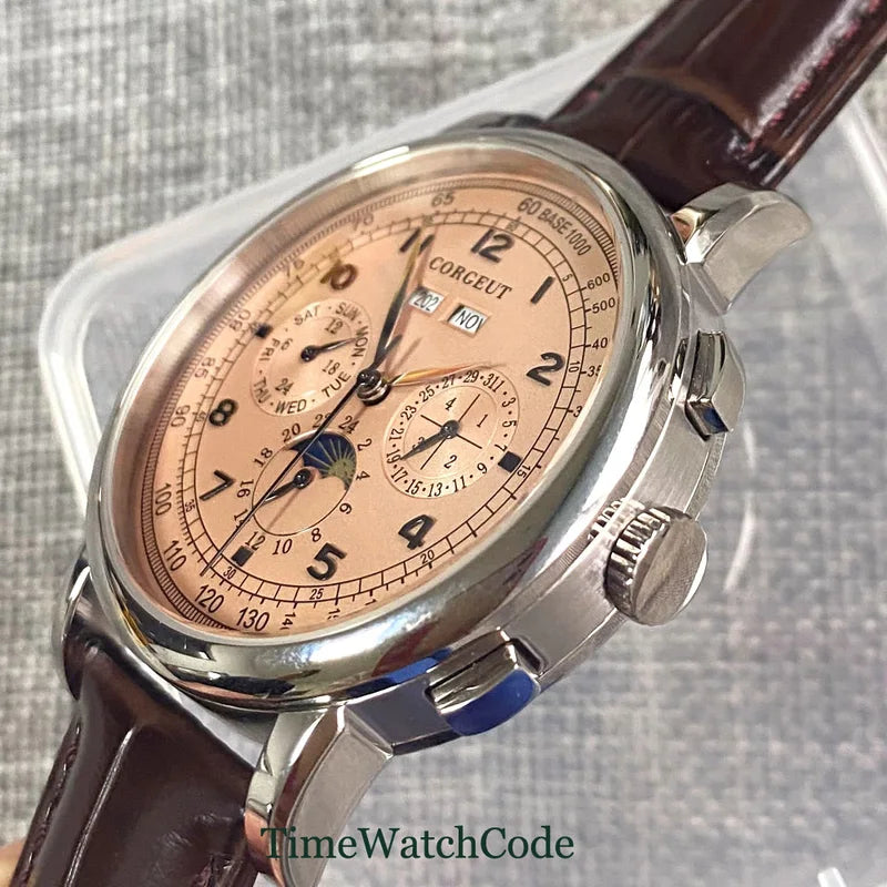 Automatic Men's Watch 42mm Multifunction with Leather Strap & Date Day Month