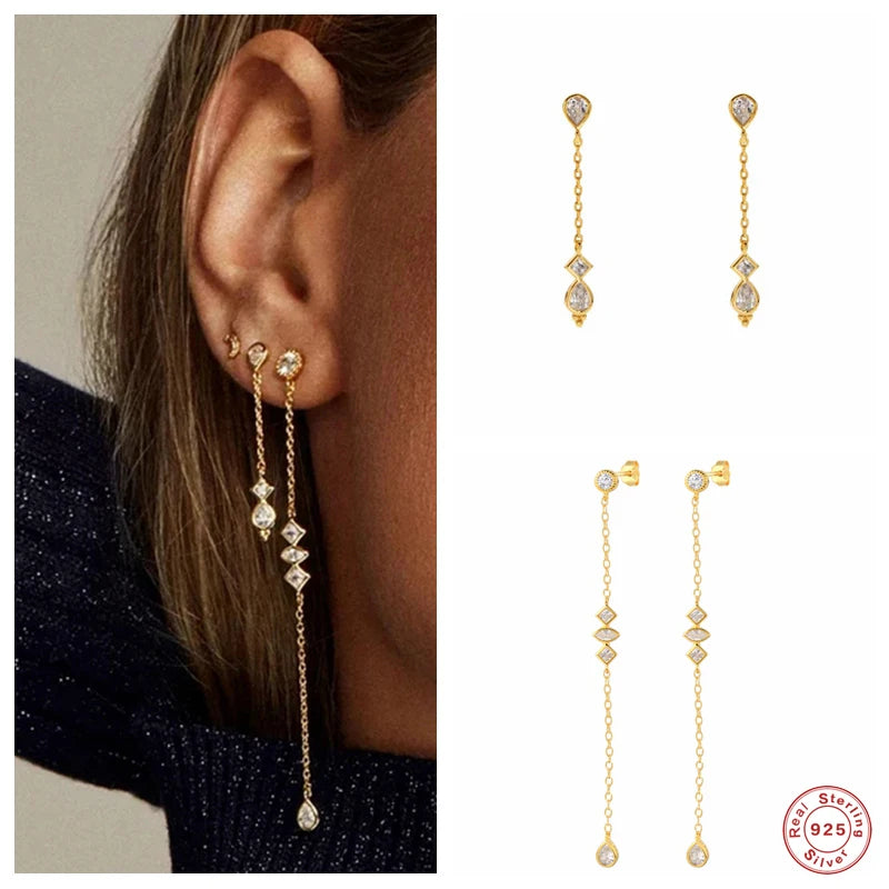 Sterling Silver Drop Earrings with Zircon Waterdrop Tassels for Women – Wedding & Party Jewelry