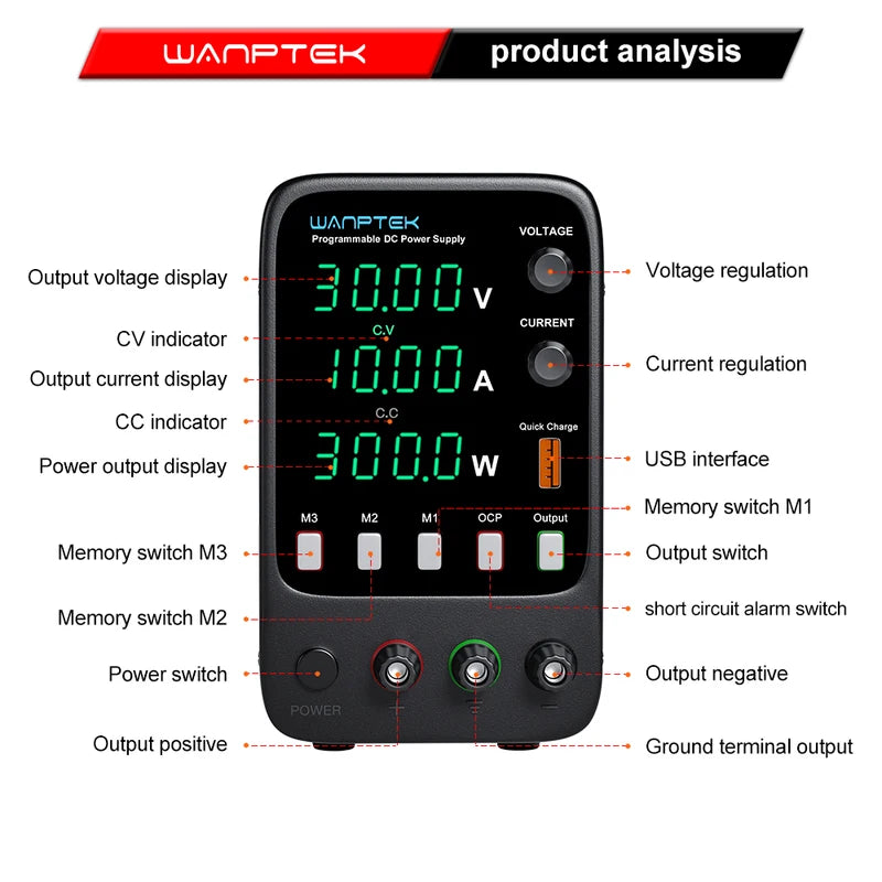 Wanptek Adjustable DC Power Supply 30V 10A Lab Bench Voltage Regulator