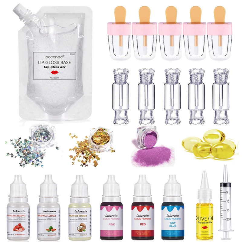 DIY Lip Gloss Kit Moisturizing Clear Gel with Pigment Glitter Oils 100ml