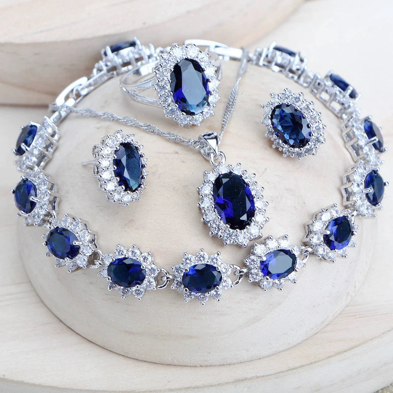 Silver 925 Women Bridal Jewelry Set with Blue Zirconia Necklace Earrings Rings Bracelets Pendant